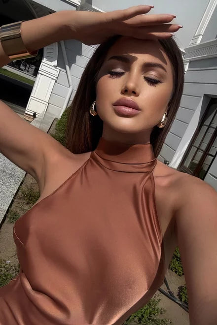 Brown Halter Neckline Maxi Dress