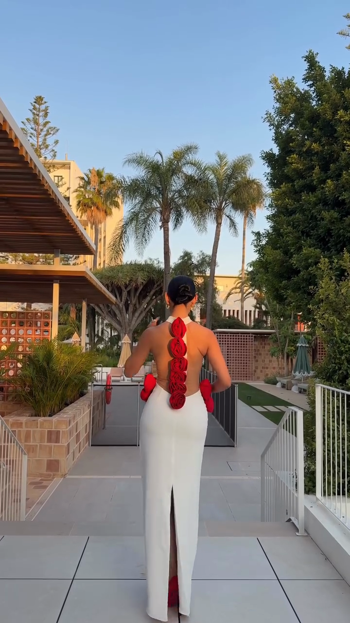 White Halter - Neck Cut - out Maxi Dress with Red Rose Embellishments