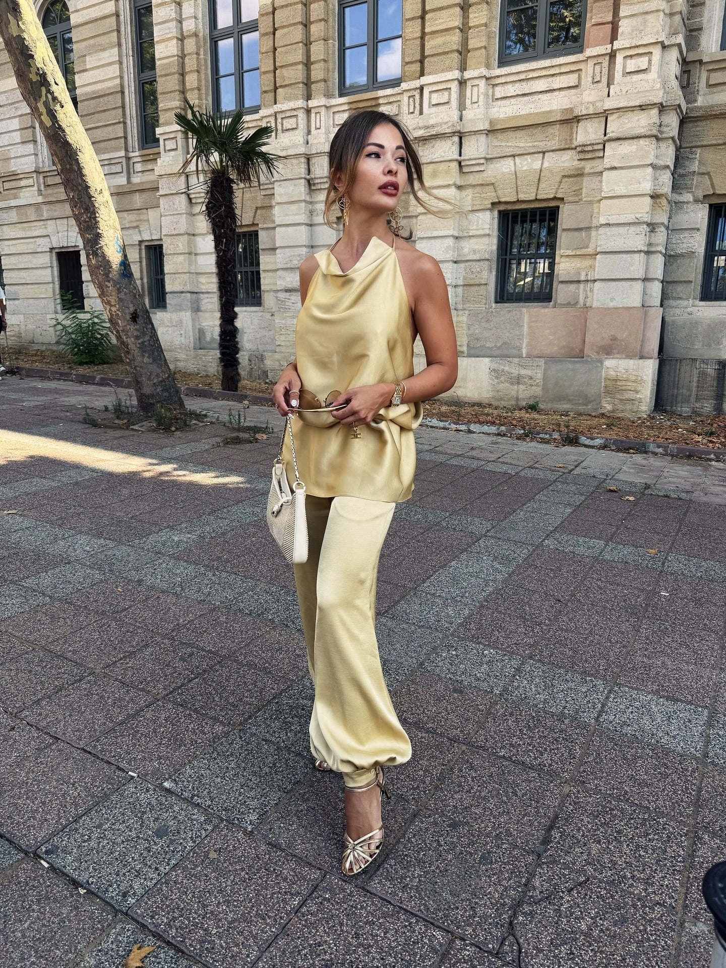 Beige Satin Halter Neck and Lantern Pants Set