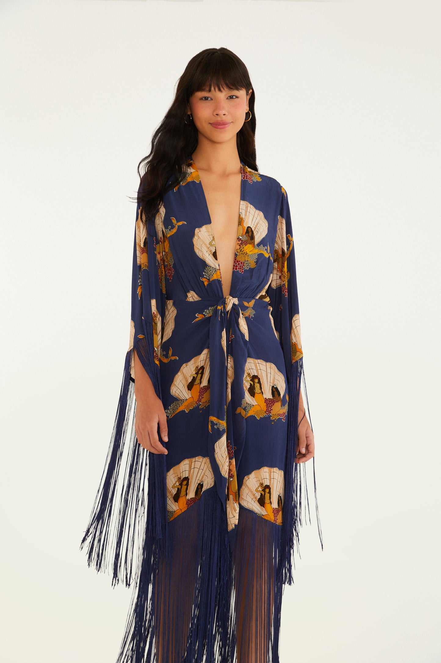 Navy Blue Printed Fringe - Trimmed Wrap Dress
