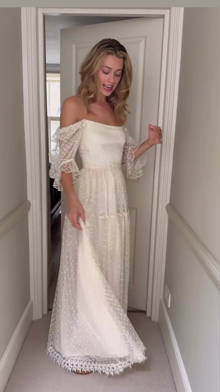 Off-the-shoulder White Polka Dot See-through Maxi Dress