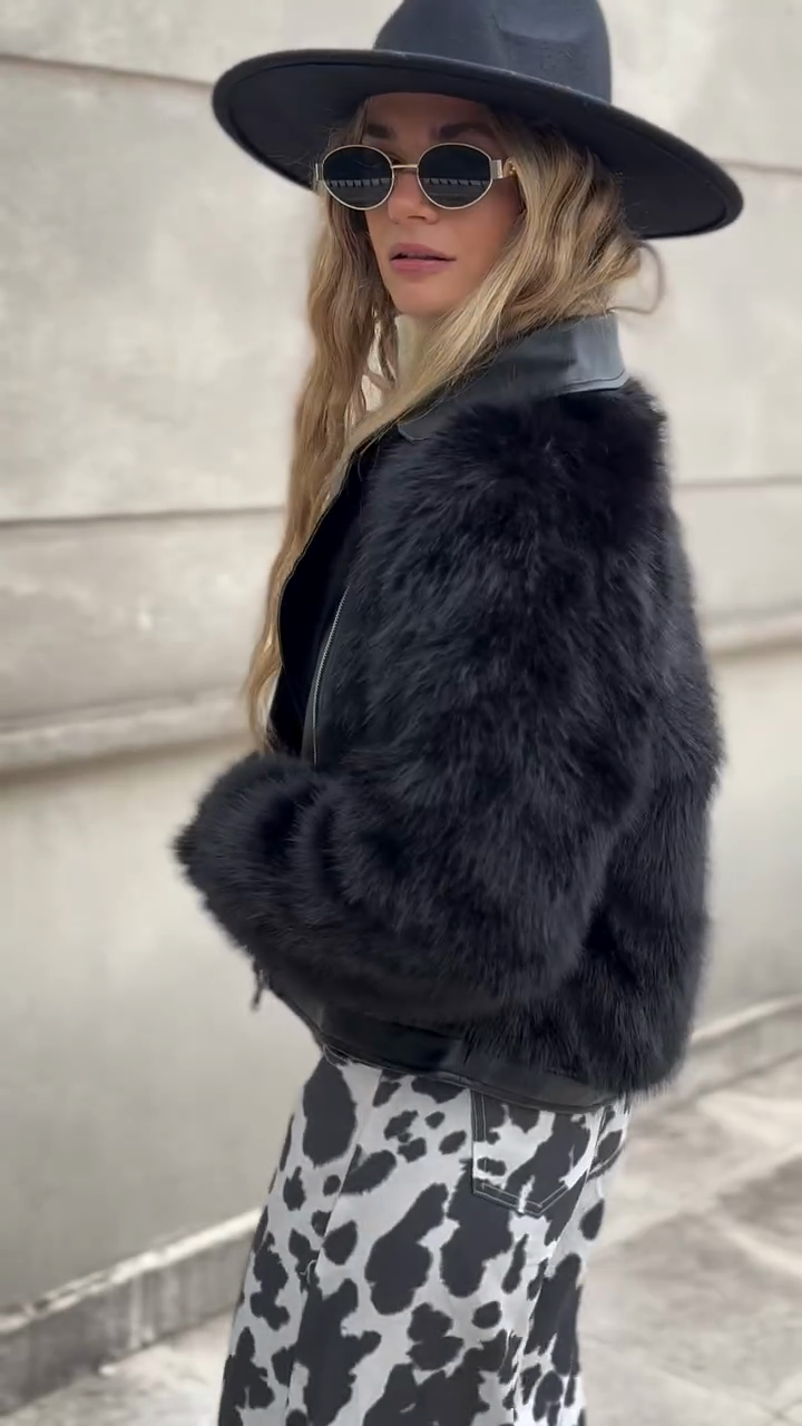 Black Faux Fur - Sleeved Biker Jacket