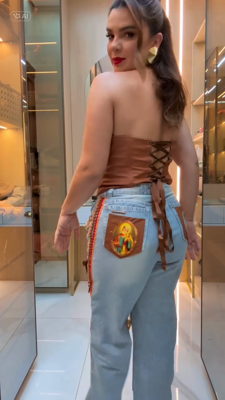 Brown Off-the-shoulder Corset Top Embroidered Denim Wide-leg Pants Set