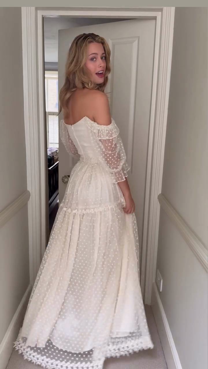Off-the-shoulder White Polka Dot See-through Maxi Dress