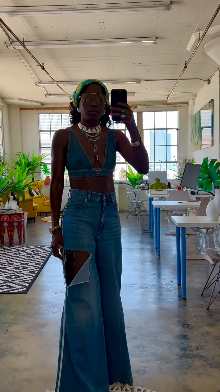 Denim Crop Top & Cutout Wide - Leg Jeans Set