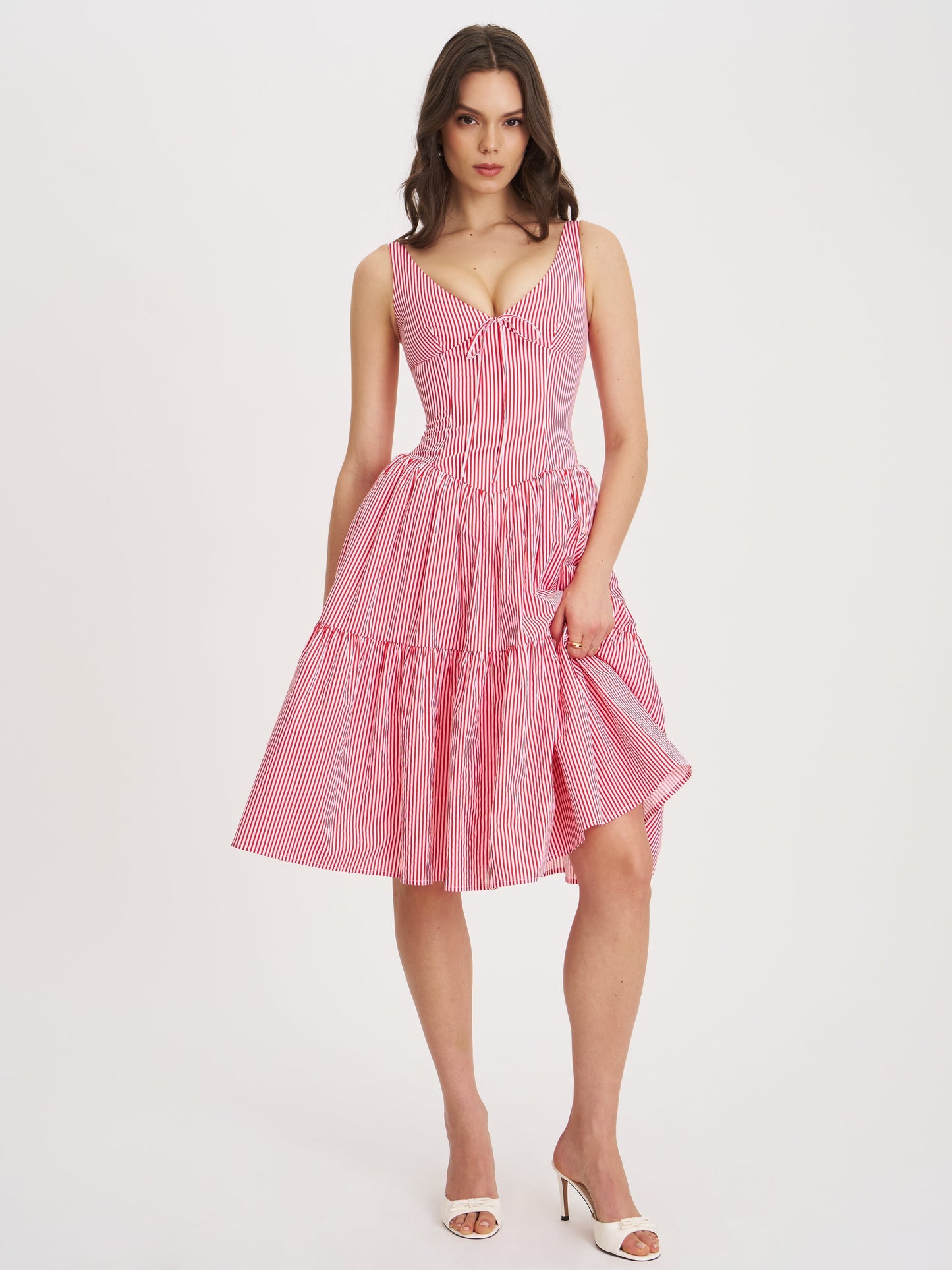 Pink and White Striped Corset Midi Dress