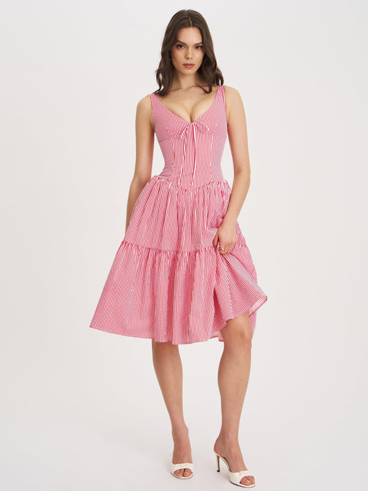 Pink and White Striped Corset Midi Dress