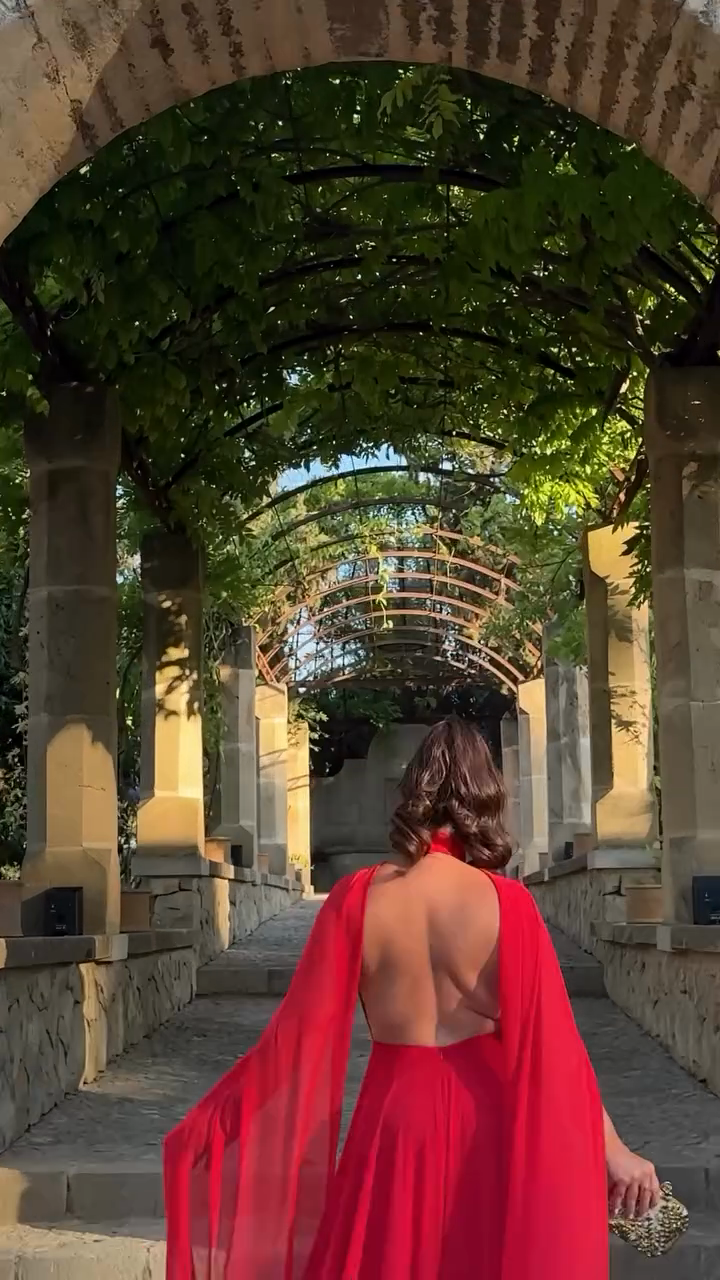 Red Cape - Sleeve Maxi Evening Dress