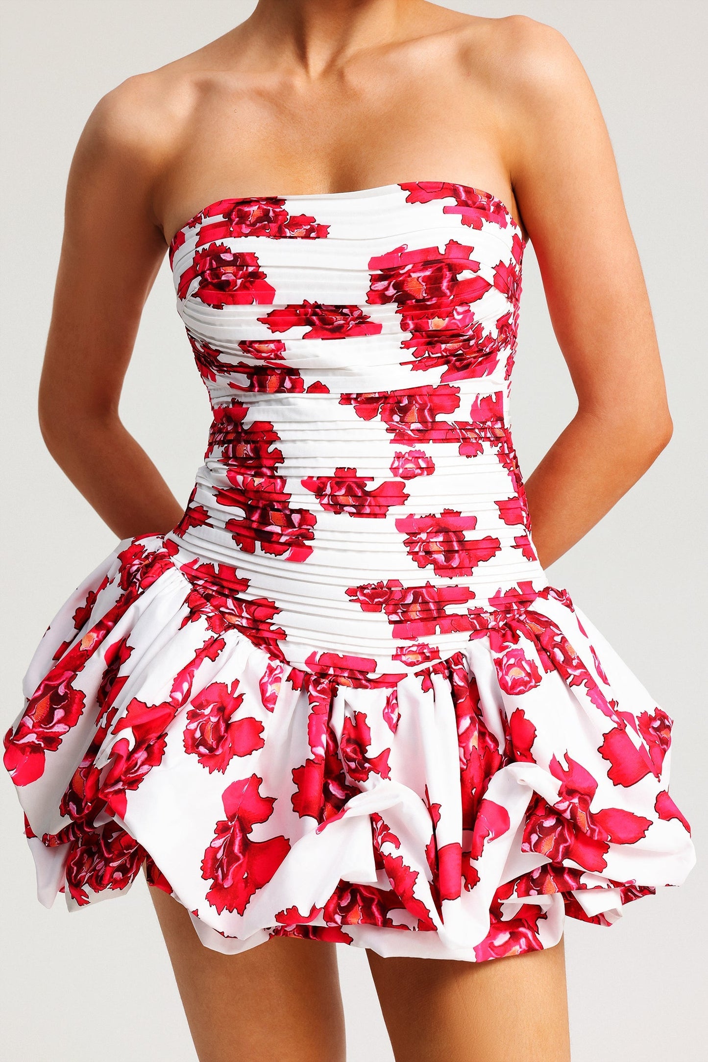 White Strapless Floral - Print Mini Dress