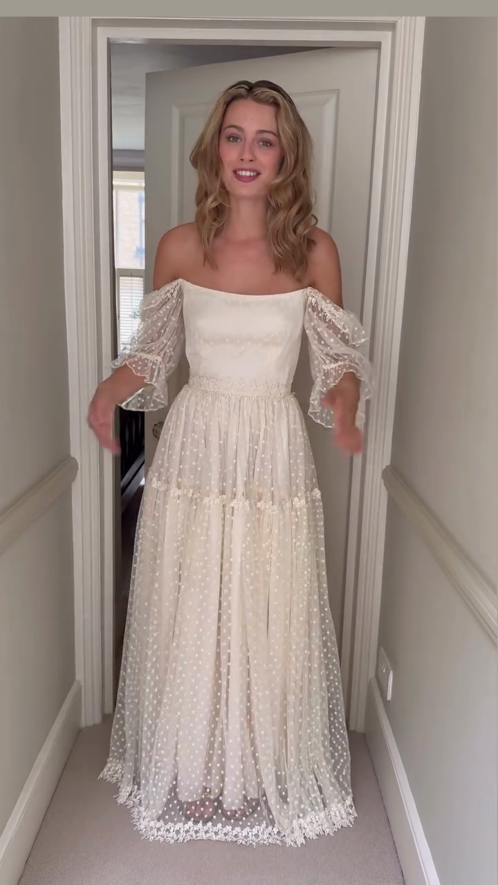 Off-the-shoulder White Polka Dot See-through Maxi Dress