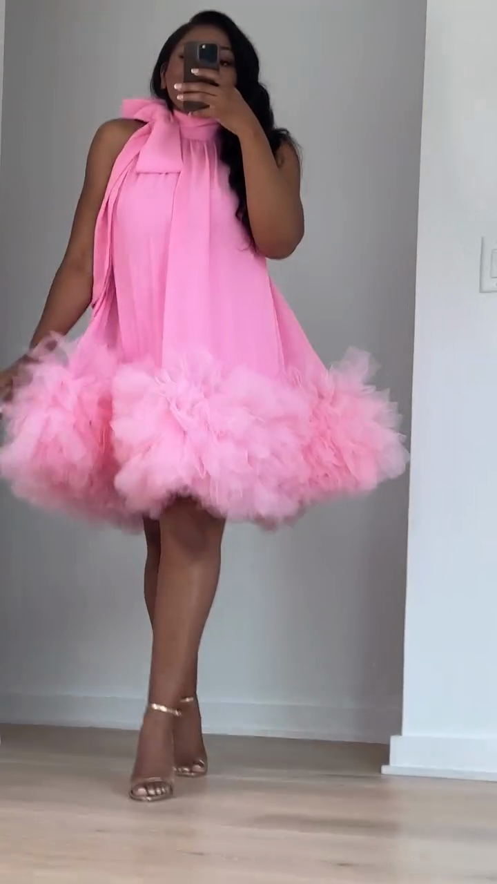 Pink Halter Neck Tulle Ruffle Mini Dress