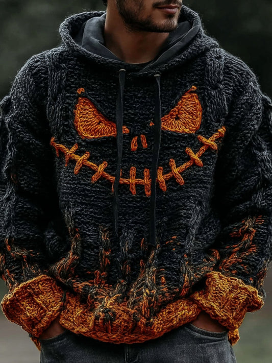 Men's Halloween Pumpkin Art Knit Hooded Sweater