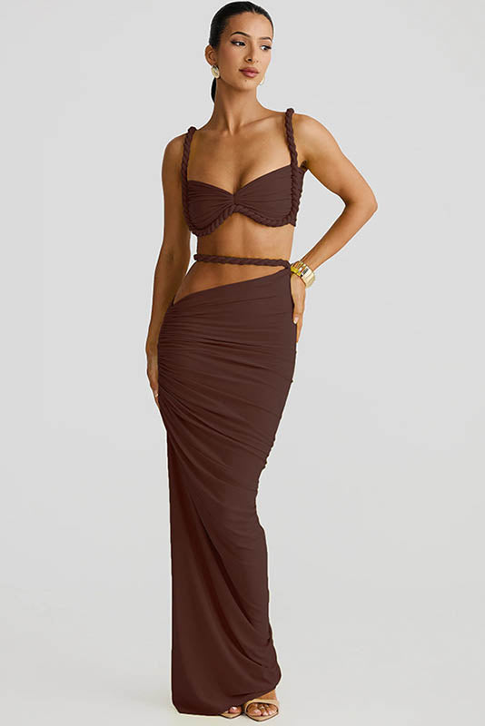 Twisted Strap Crop Top & Ruched Maxi Skirt Set