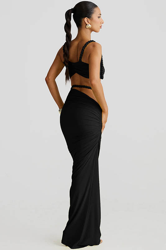Twisted Strap Crop Top & Ruched Maxi Skirt Set