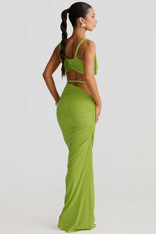 Twisted Strap Crop Top & Ruched Maxi Skirt Set