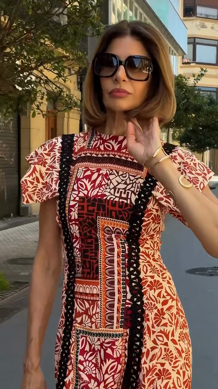 Red and Pink Puff Sleeve Graphic Midi Dress