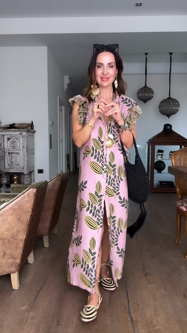 Pink Leaf Print Tassel Maxi Dress