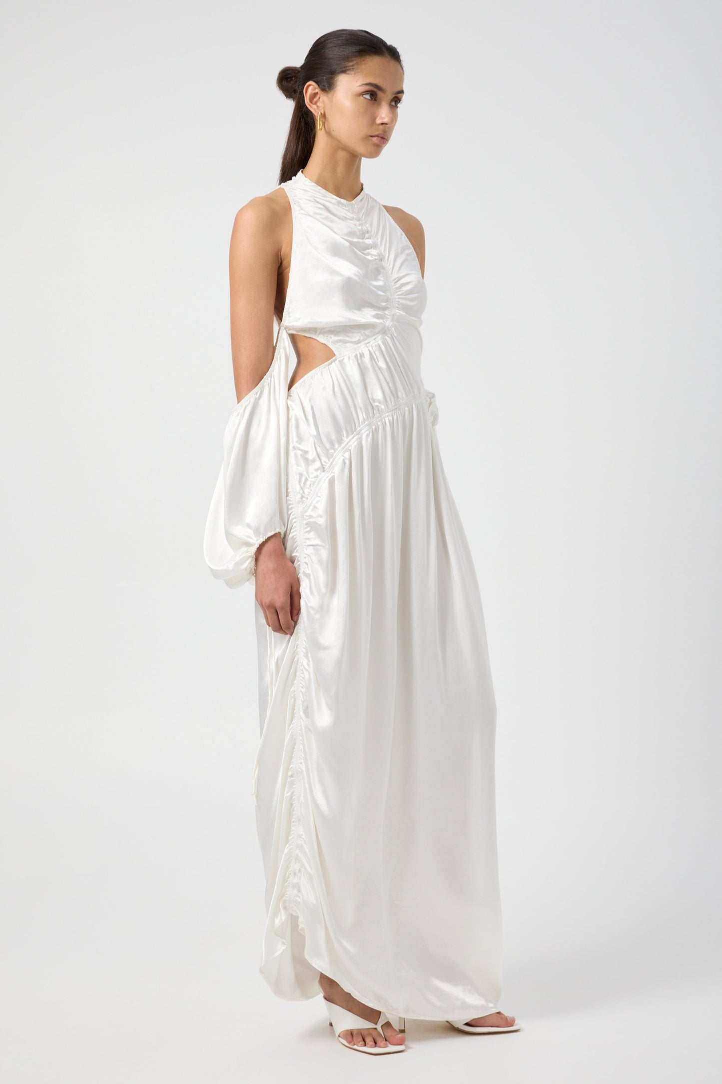 White Satin Open Back Long Sleeve Dress