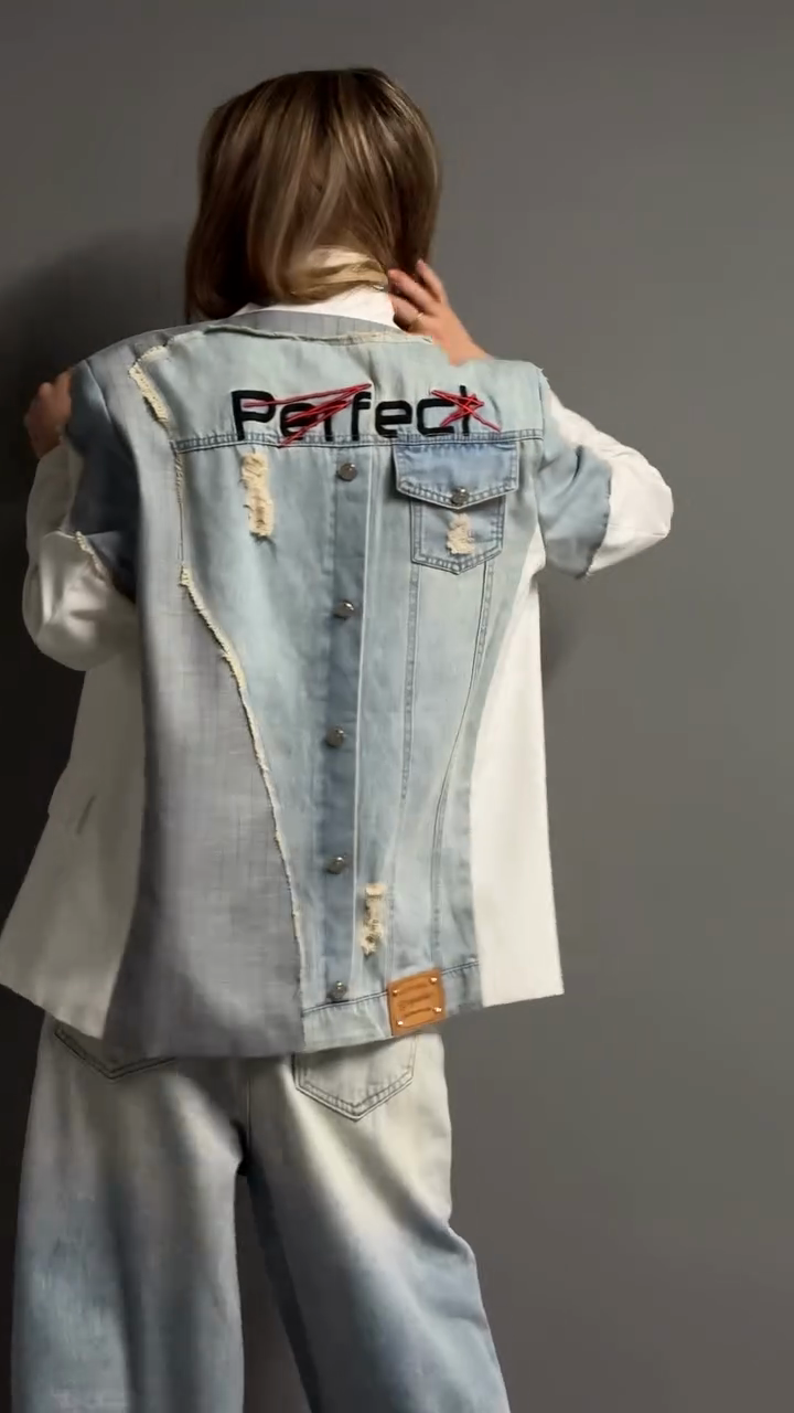 White blazer with denim back detail