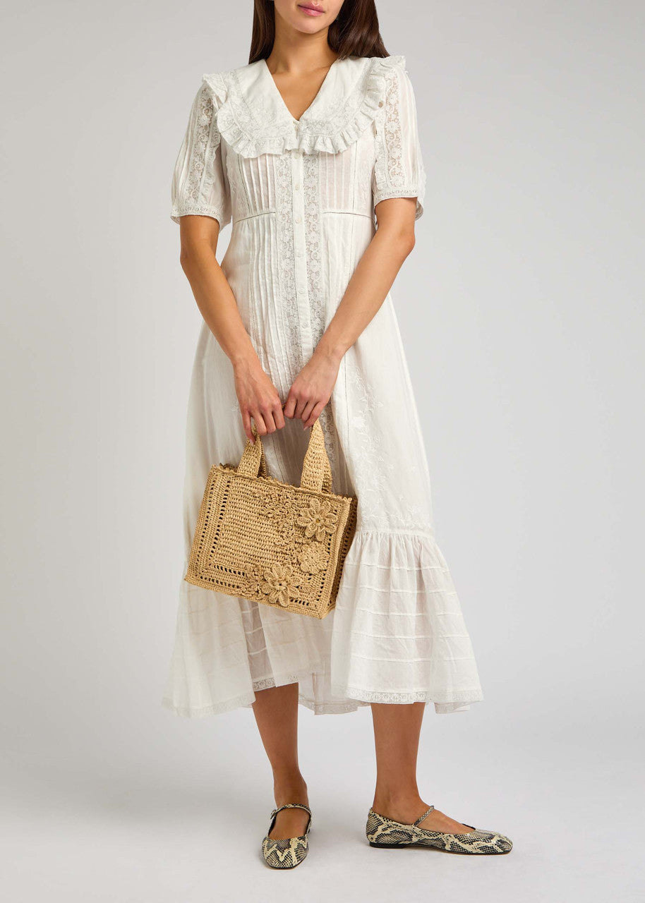 White Embroidered Midi Dress with Ruffled Collar