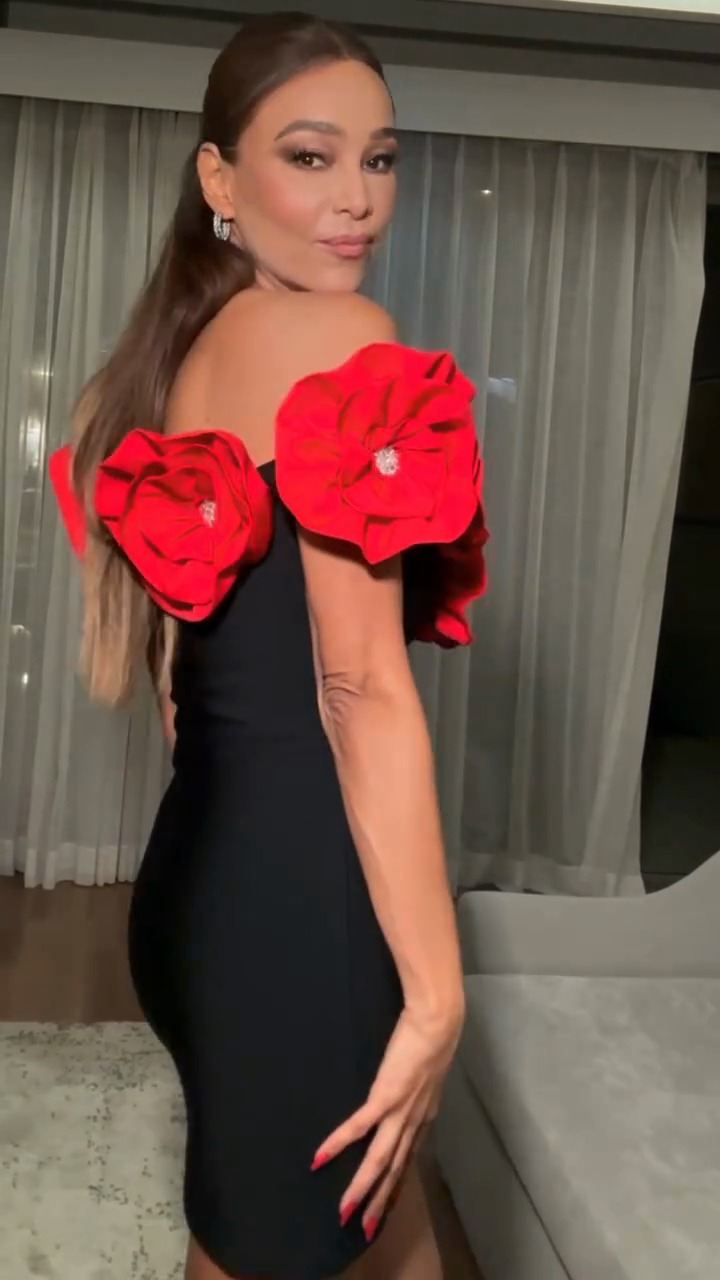 Black Off-the-shoulder Mini Dress With Red Flowers
