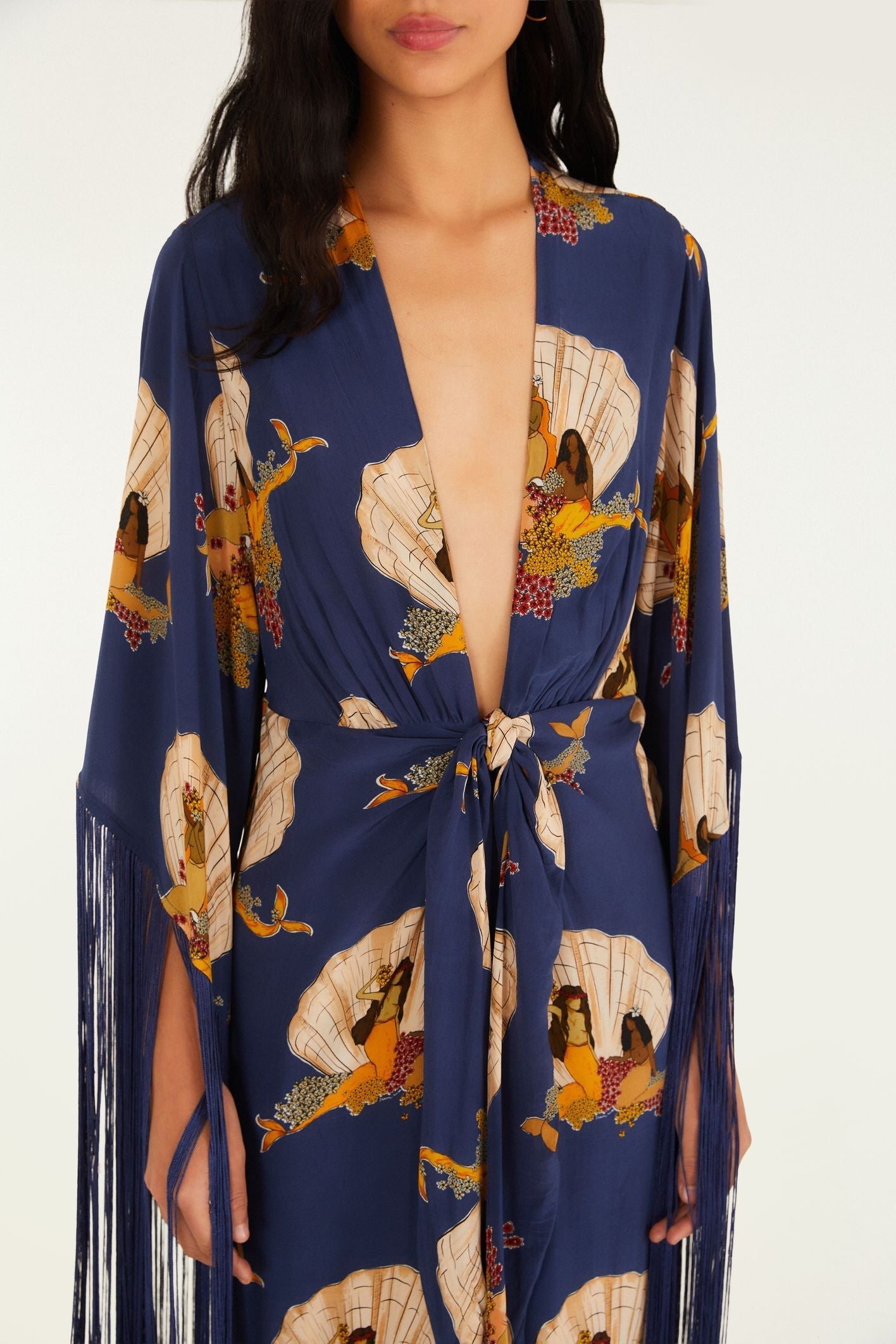 Navy Blue Printed Fringe - Trimmed Wrap Dress