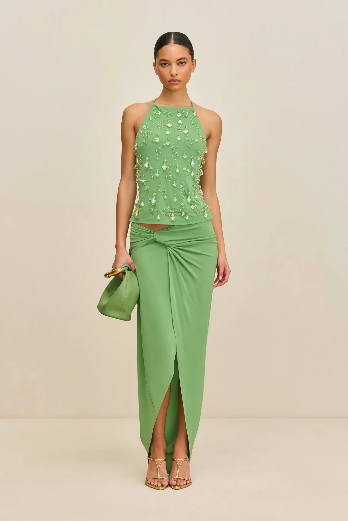 Green Embellished Top and Skirt Set