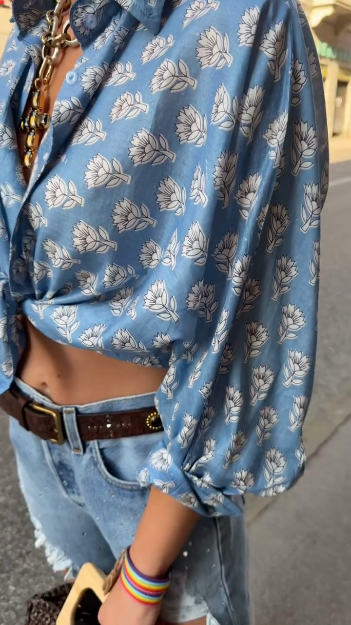 Blue Floral Shirt And Distressed Denim Shorts Set