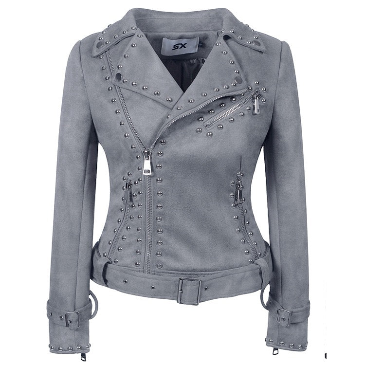 Women's Lapel Zipper Leather Jacket with Punk Studs