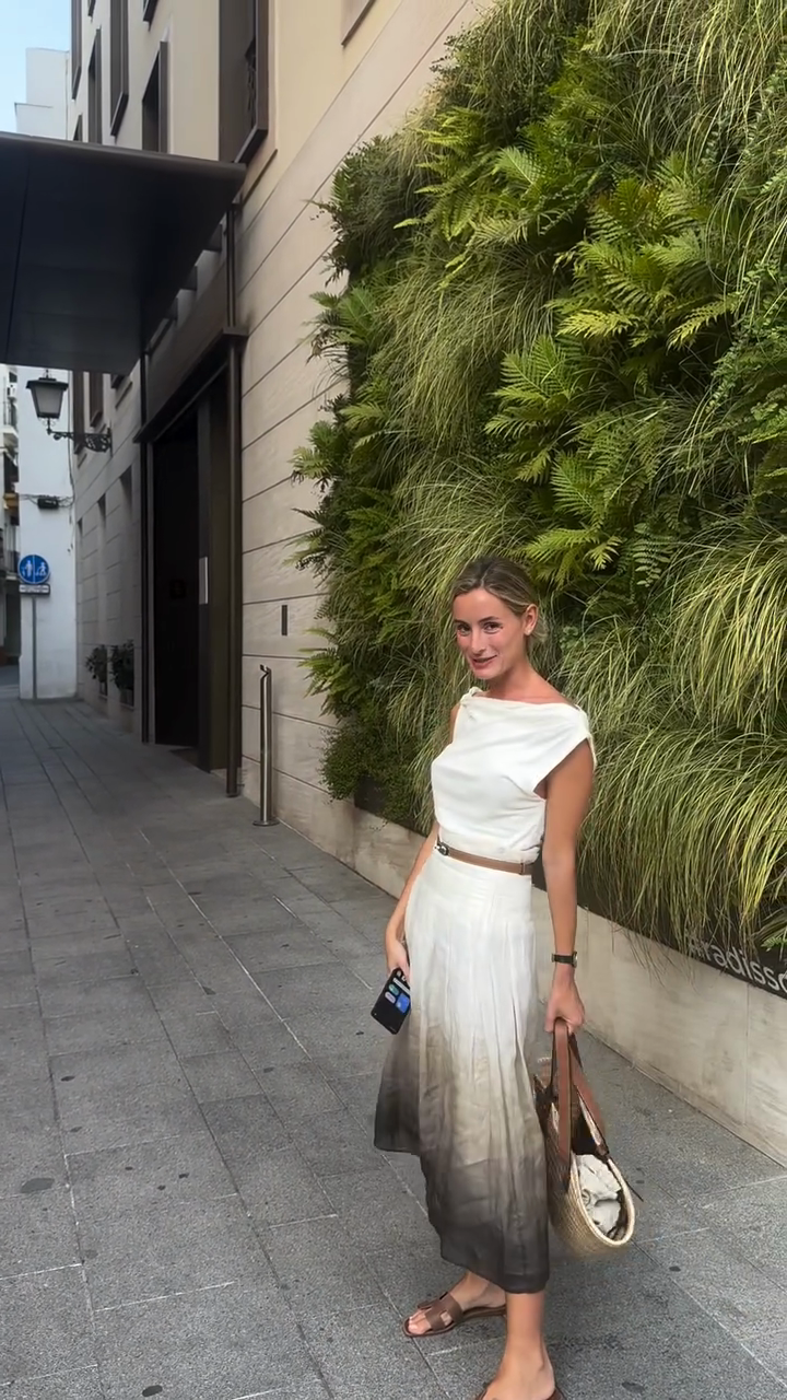 White Ombre Midi Dress with Brown Belt