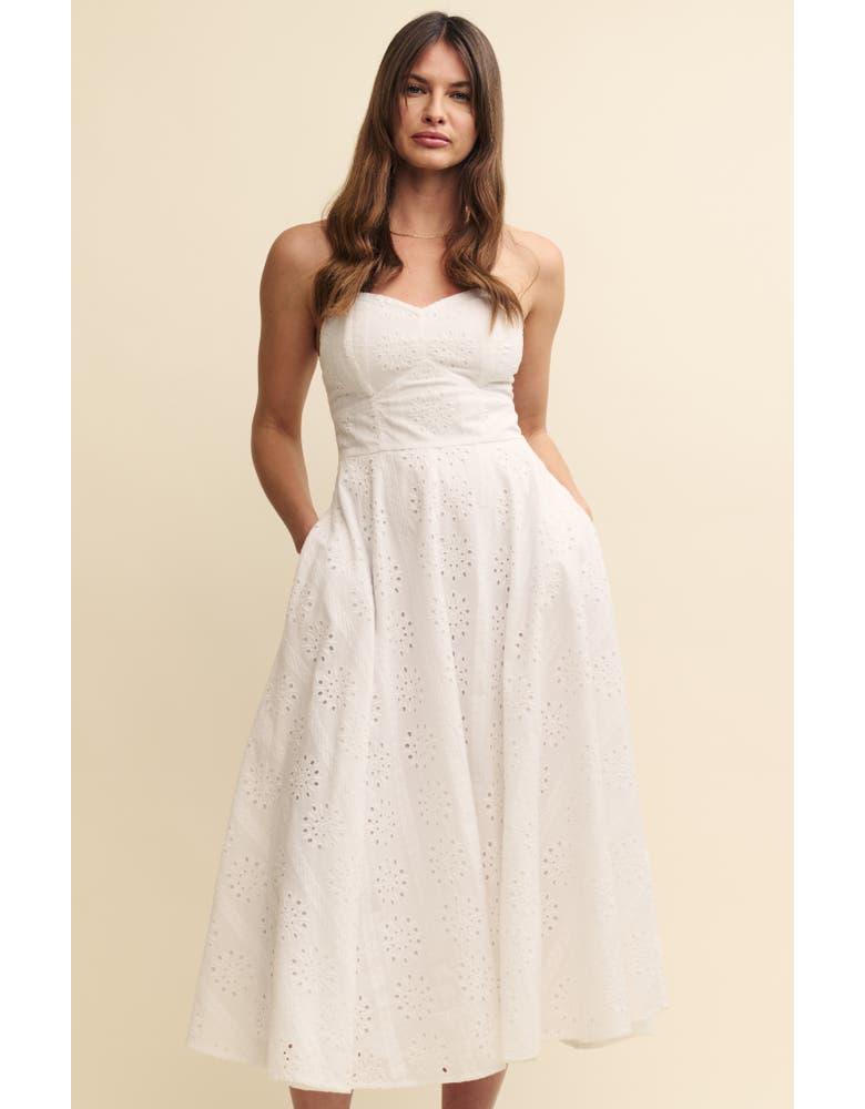 White Eyelet Embroidered Strapless Midi Dress