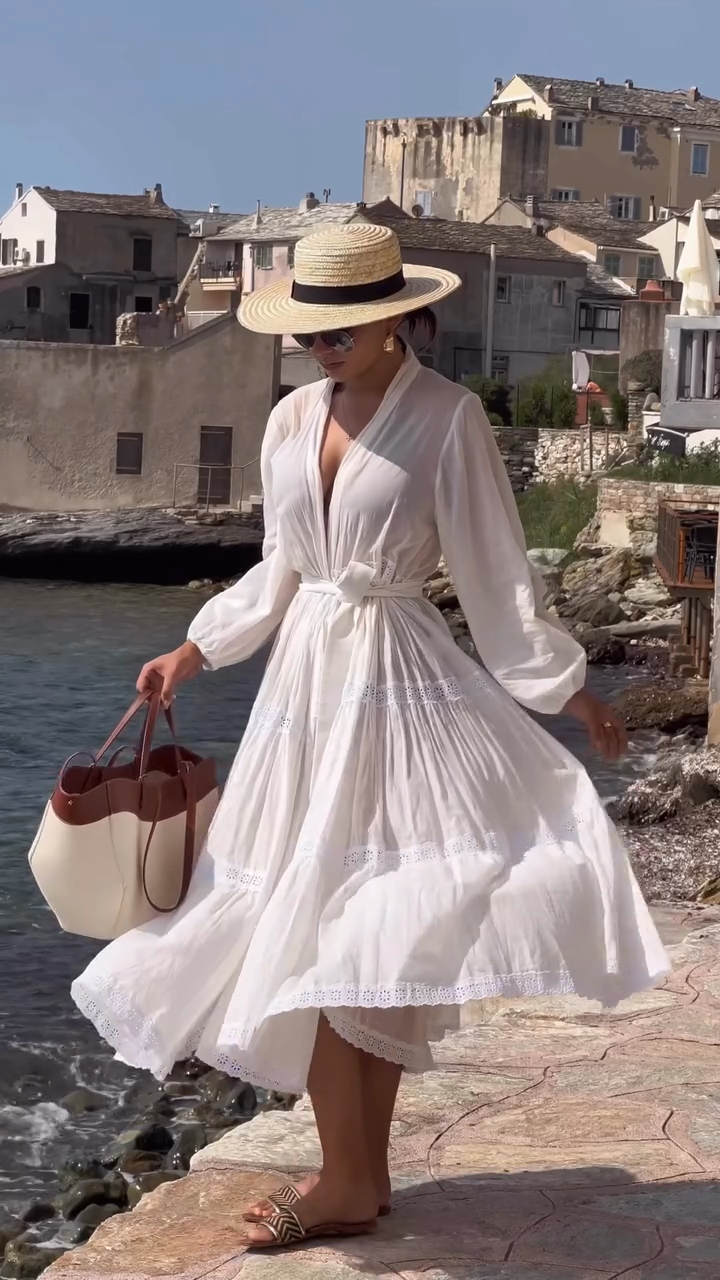 White Embroidered Maxi Dress with Belt