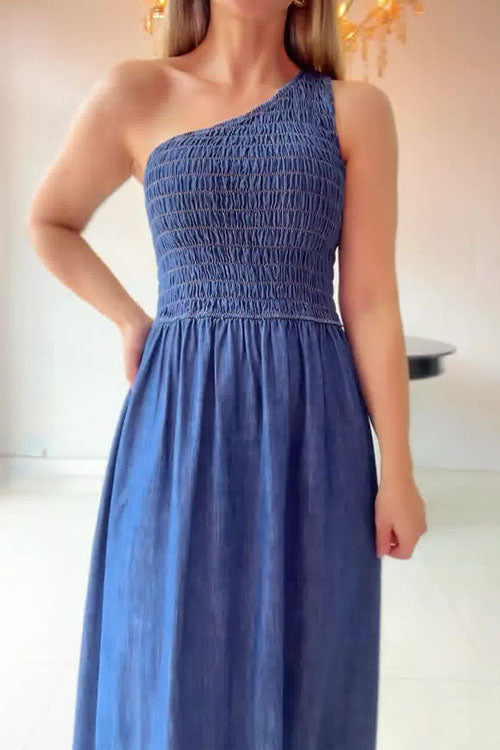One - Shoulder Smocked Denim Maxi Dress