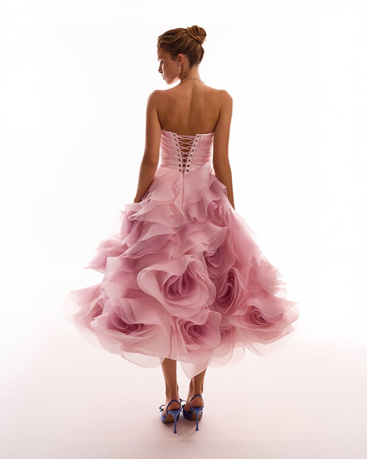 Blush Pink Strapless Ruffled Organza Midi Dress