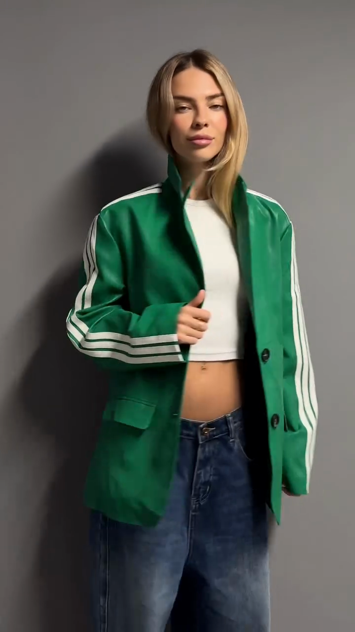 Green Faux Leather Jacket with White Striped Sleeves