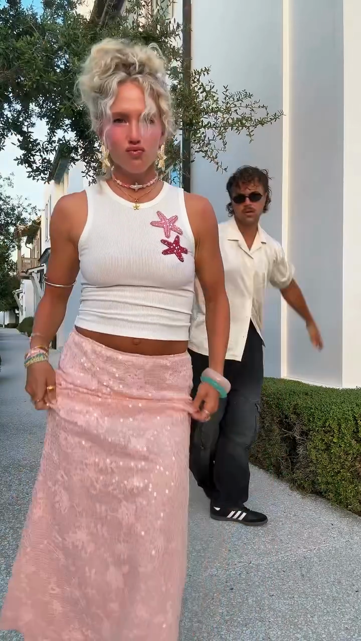 White Short Vest and Pink Sequin Skirt Set
