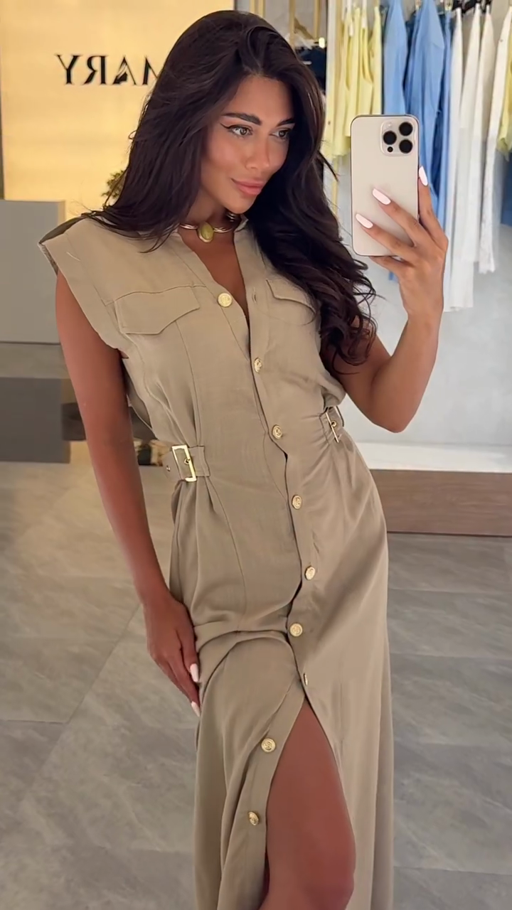 Khaki Sleeveless Button - down Midi Dress