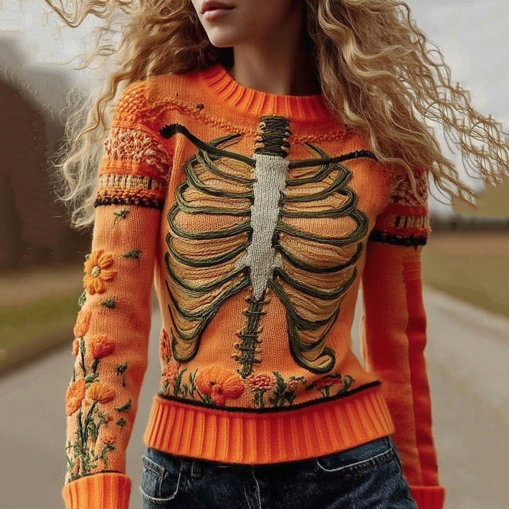 Vintage Halloween Anatomy With Floral Art Chunky Knitted Sweater