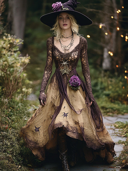 Halloween Themed Tie-dye Gradient Lace Patchwork Witch Maxi Dress