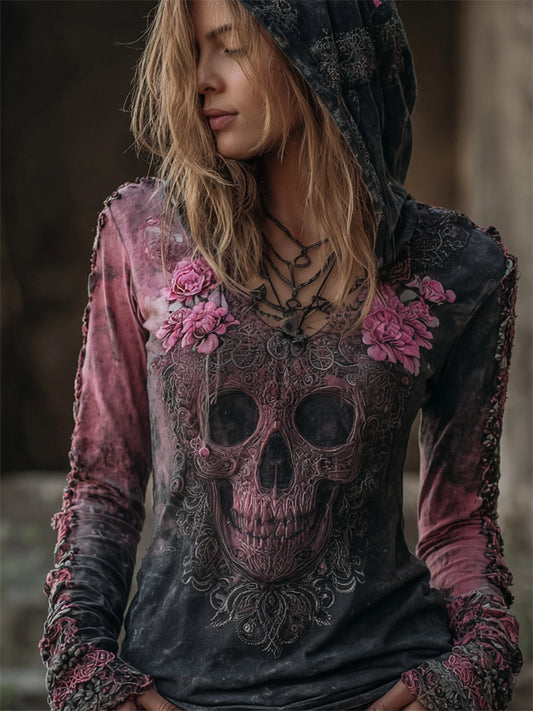Vintage Skull Floral Fiber Art Pink Dyed Hooded T Shirt