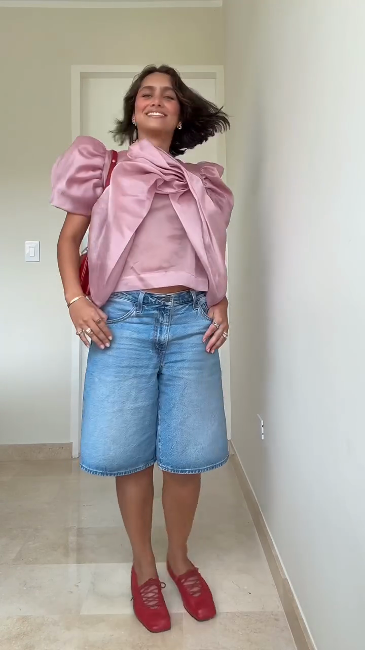 Pink Puff Sleeve Top and Denim Bermuda Shorts Set
