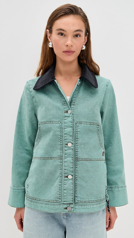 Teal Denim Jacket with Contrast Collar