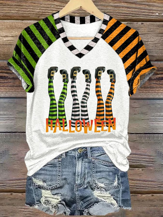 Halloween Witch Legs Classic Ruby Red Shoes Painting V-Neck T-Shirt