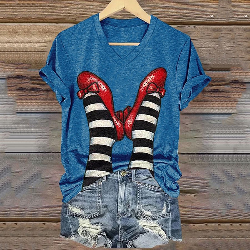Classic Ruby Red Shoes Floral Painting V-Neck T-Shirt