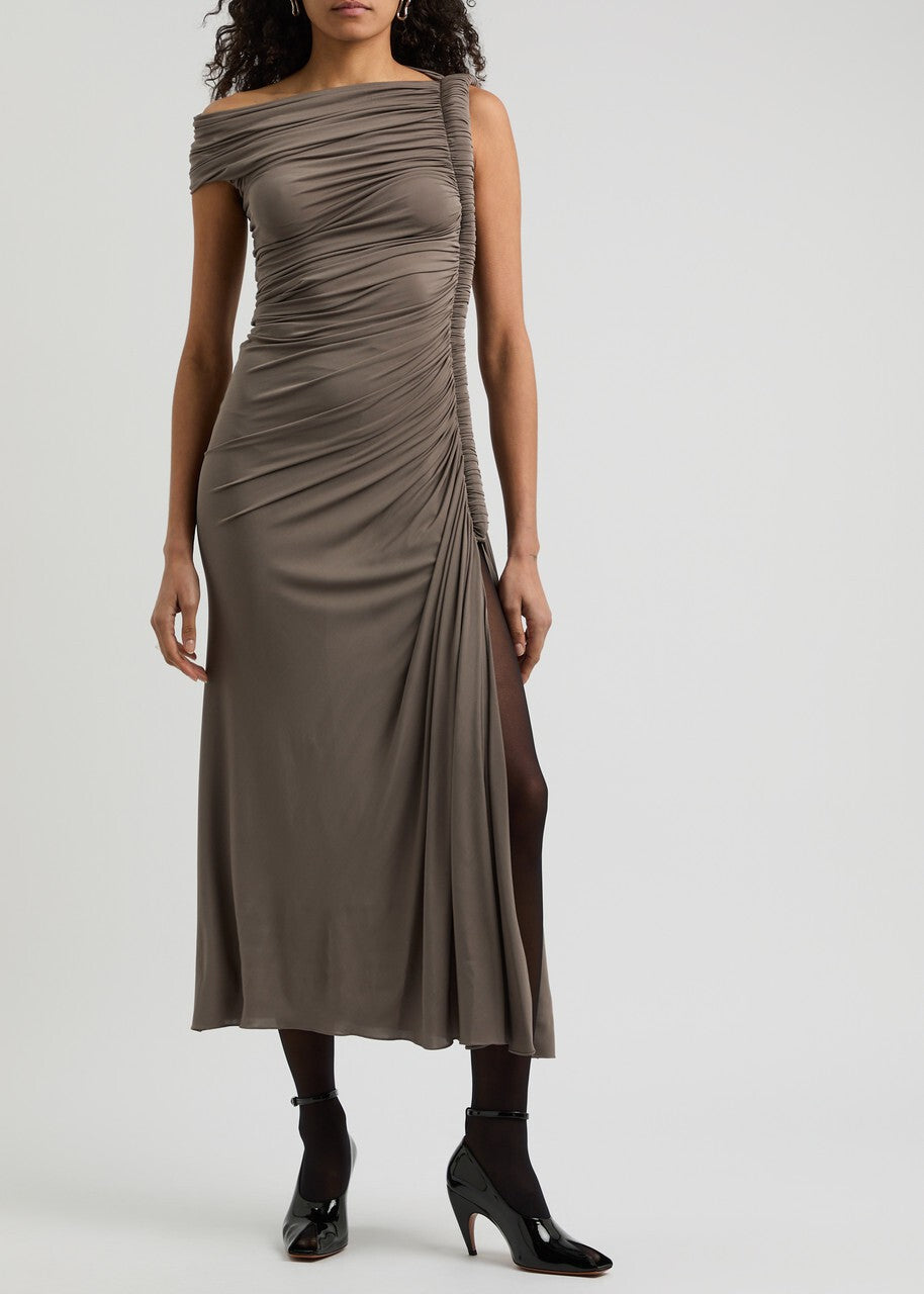 Taupe Asymmetric Ruched Midi Dress