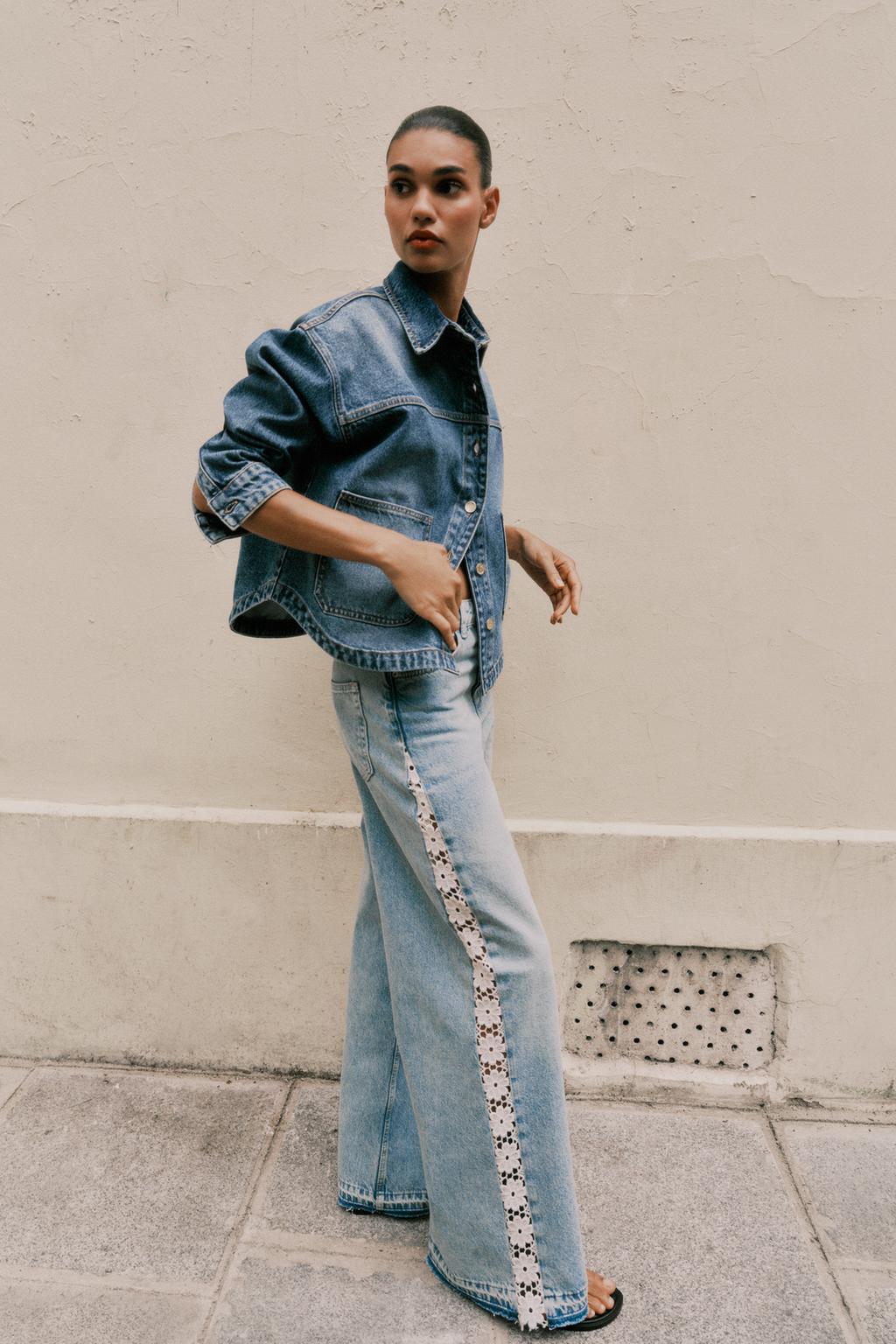Light Blue Wide - Leg Jeans with Lace Trim