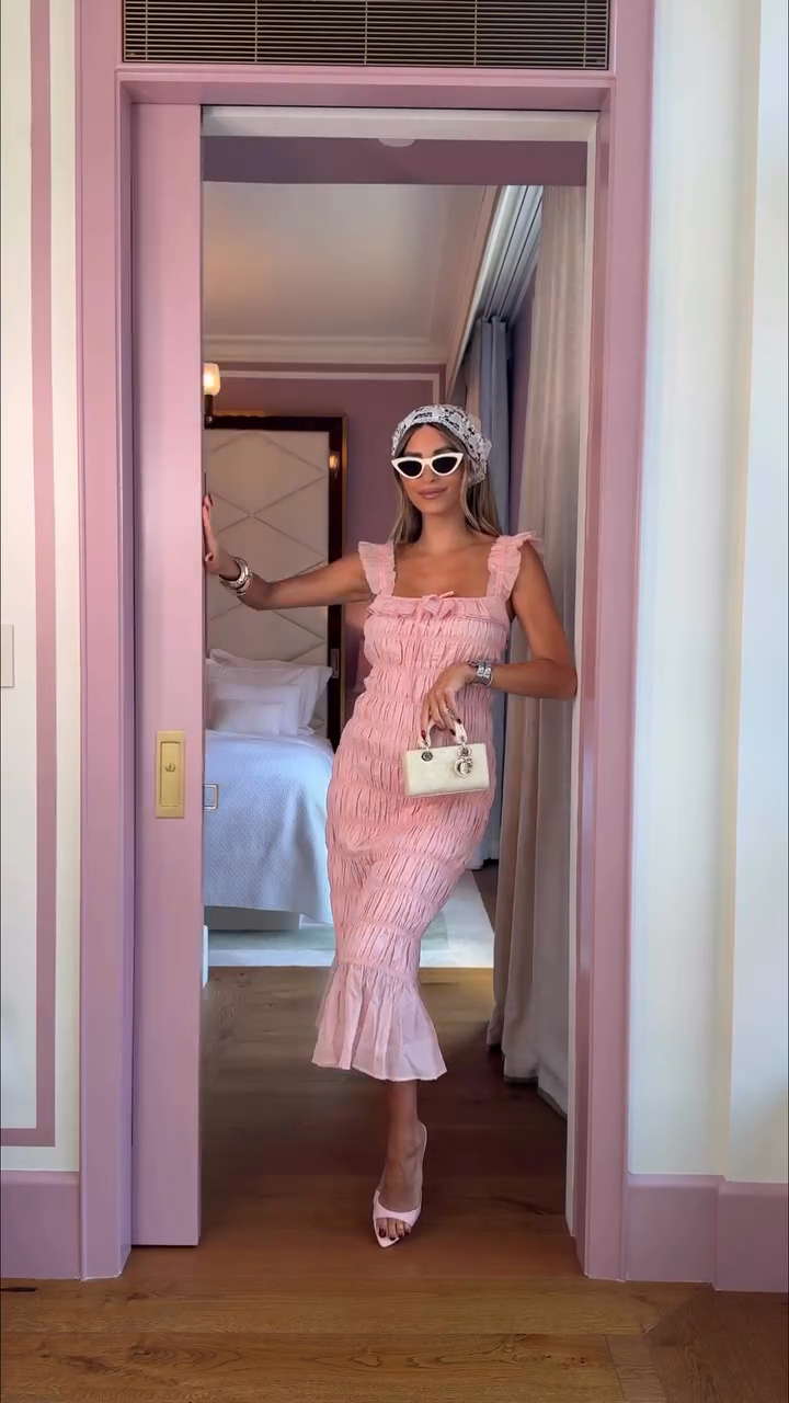 Pink Ruched Midi Dress with Ruffled Straps