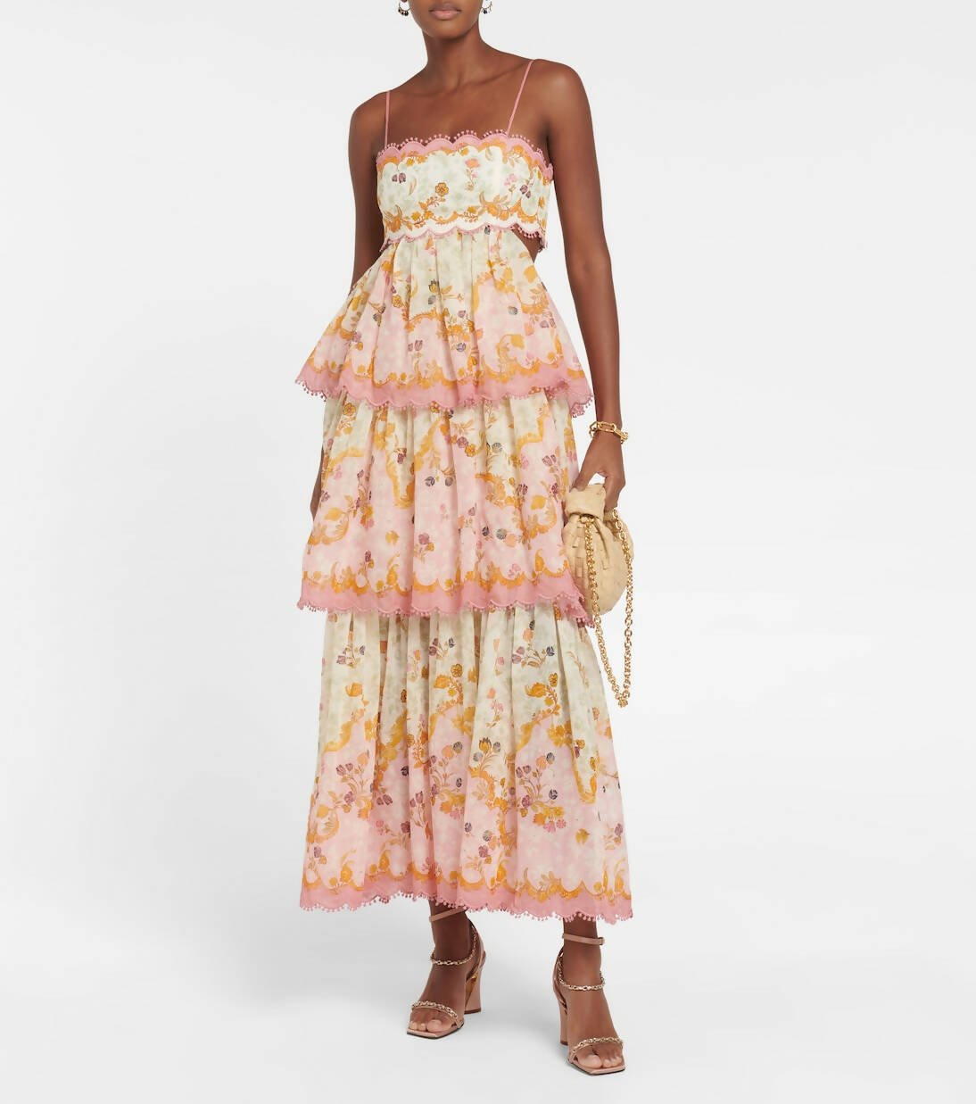 Pink and Cream Floral Print Tiered Maxi Dress