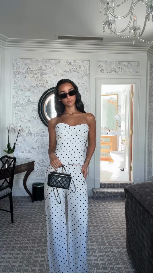 White and Black Polka Dot Strapless Top and Wide - leg Pants Set