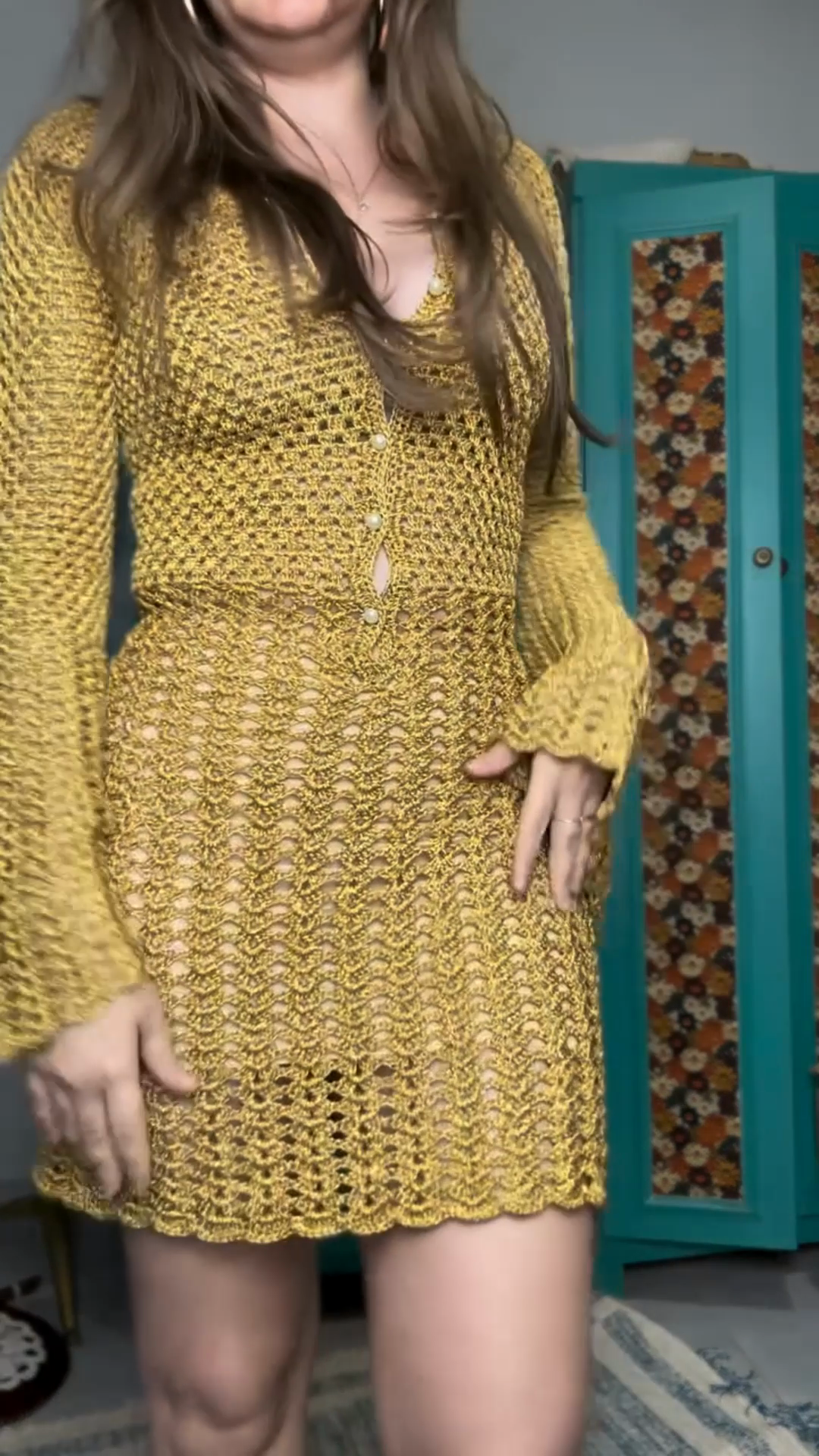 Yellow Crochet Bell - Sleeve Mini Dress